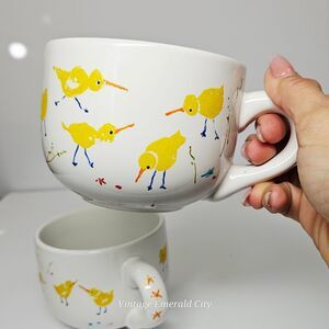 Vtg W. Ware Chirp White & Yellow Baby Chicks Coffee Mugs chicken cups Set of  2